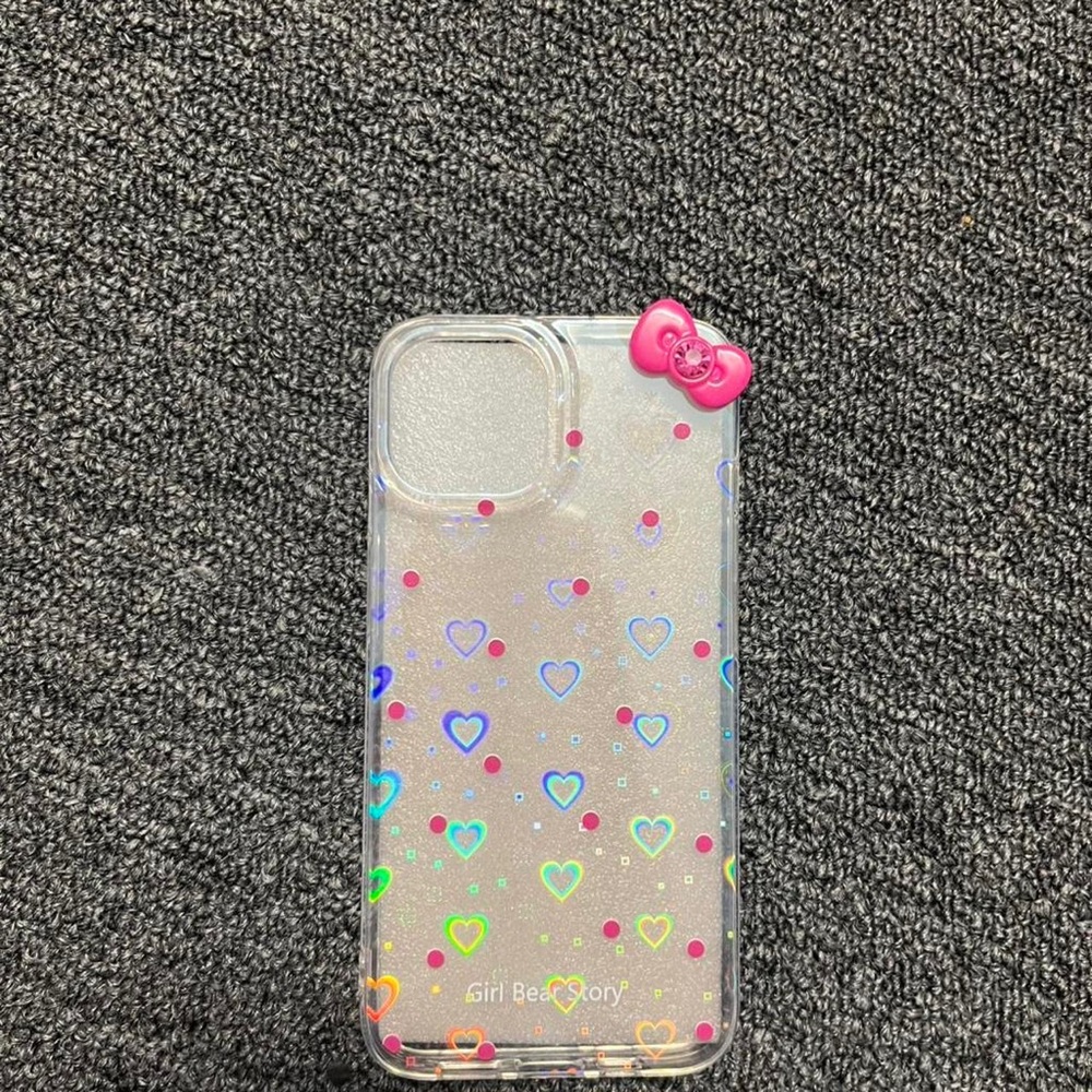 Apple Clear Phone Case with Multicolor Hearts and Pink Bow